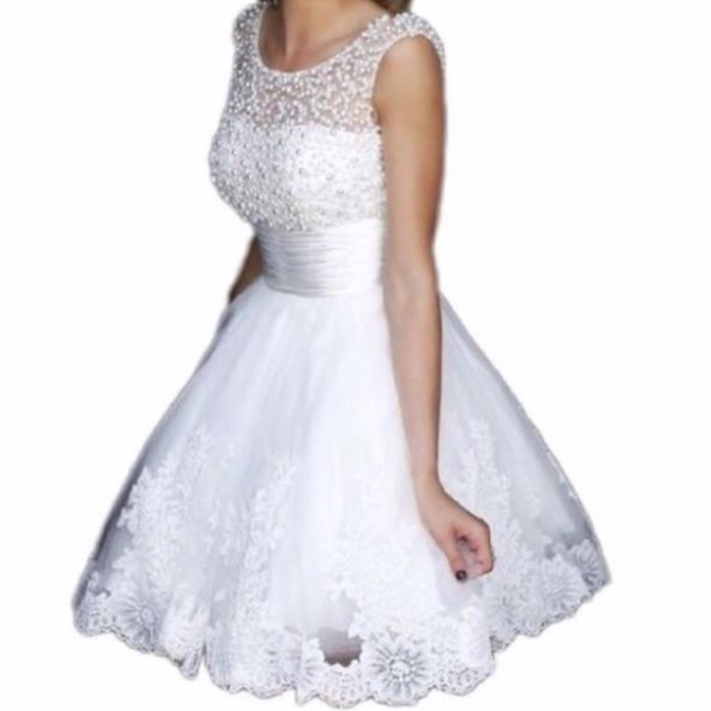 Women's white A line beaded short empire dress